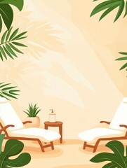 Minimalist outdoor spa illustration with lounge chairs and tropical plants on a beige background, perfect for wellness posters and resort advertising..