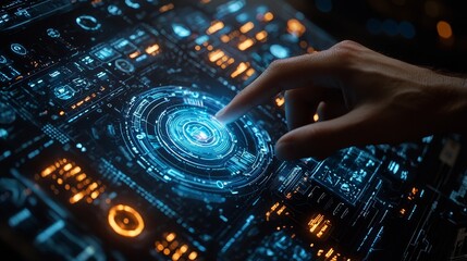 An up-close image of a hand interfacing with a modern, advanced screen
