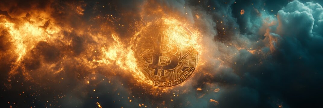 Golden bitcoin digital currency burning in fiery explosion with dramatic smoke and dark clouds suggesting financial crisis or investment risk