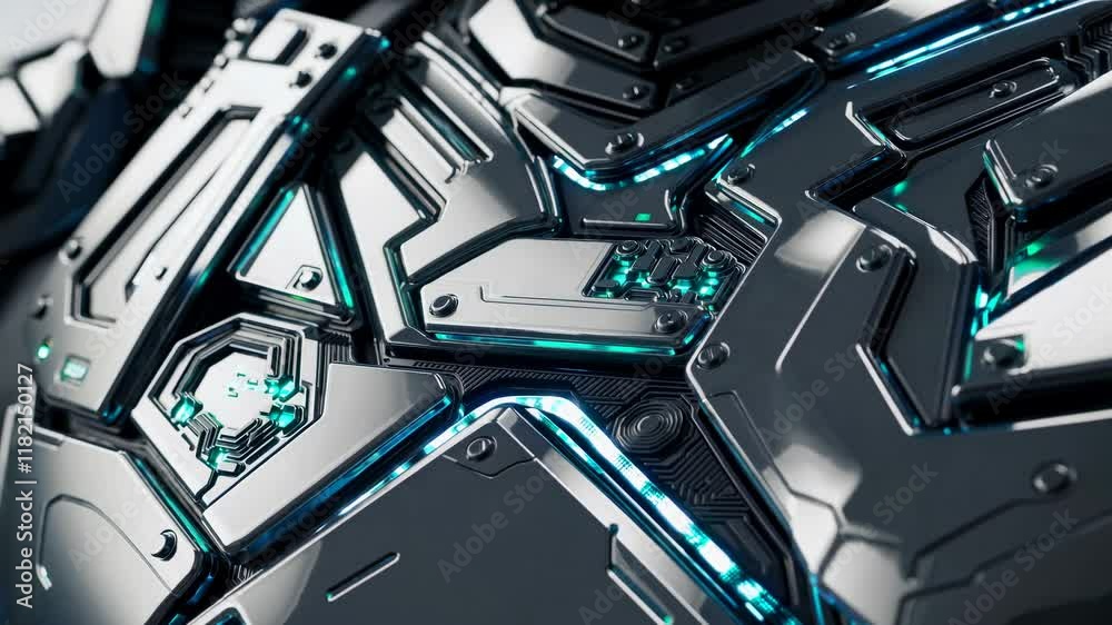 Poster exploring futuristic robotic design with intricate patterns and glowing details