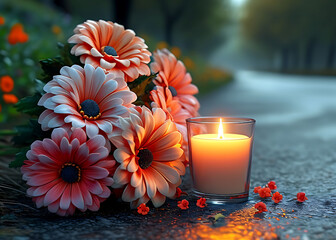 Memorial Setting with Flowers and Candle on a Quiet Country Road