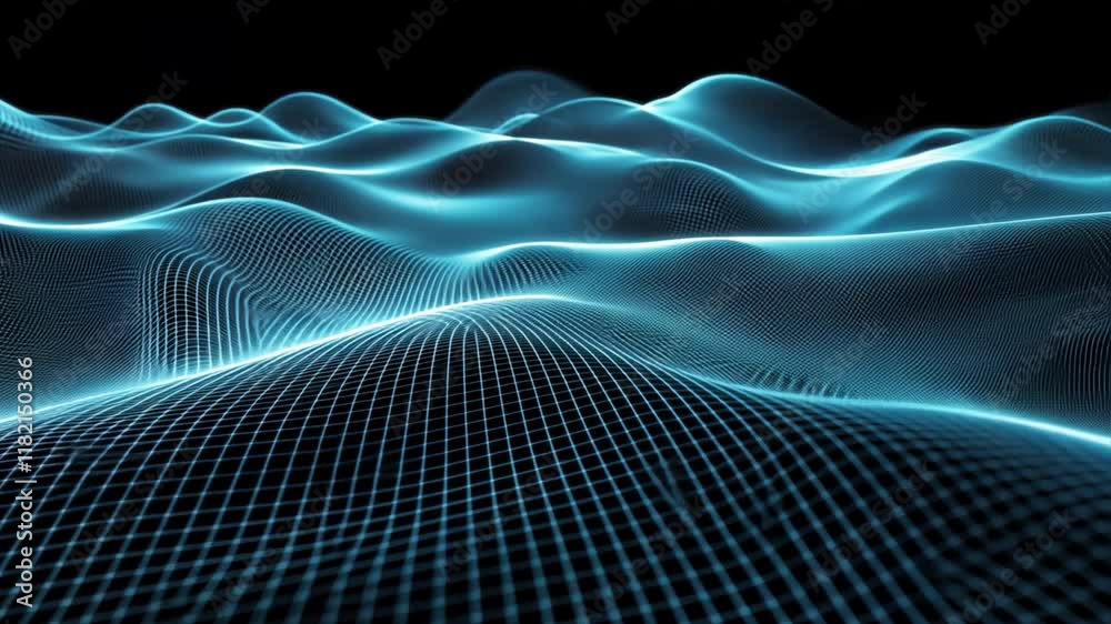 Poster futuristic digital waves and blue mesh create abstract landscape of flowing lines and curves, evokin