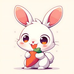 Obraz premium 2D cartoon illustration of a fluffy rabbit holding a carrot on a clean plain background
