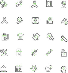 This healthcare icon set includes microbes, hospital equipment, and surgery tools, crafted for educational and professional use.