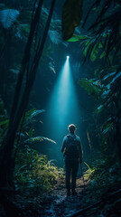 A solo traveler participates in an exclusive night safari in a remote rainforest, guided by a biologist who uses a flashlight to illuminate rare nocturnal animals. 