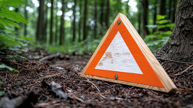 A triangular orange warning sign rests on the forest floor, surrounded by lush greenery, indicating a cautionary message in a natural setting.