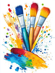 Obraz premium Colorful art illustration with paintbrushes and vibrant paint splashes, ideal for creative posters, art workshops, and artistic advertising..
