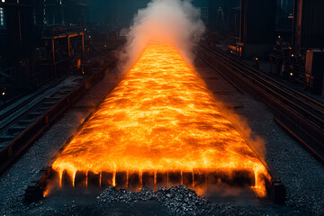 futuristic steel foundry powered by AI and clean energy, glowing with molten metal