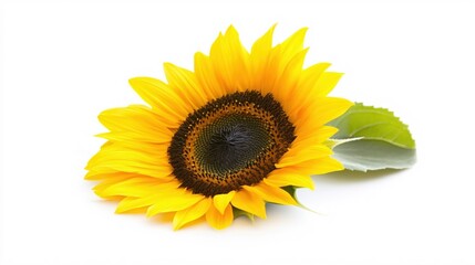 Obraz premium Bright and Vibrant Sunflower on White Background with Green Leaf Accent