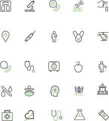 A medical icon set covering stethoscopes, medical tests, wellness symbols, and DNA graphics. Perfect for all healthcare needs.