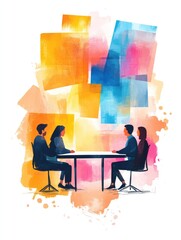 Watercolor-style illustration of a business meeting with four people seated at a table, set against an abstract colorful background, ideal for teamwork posters.