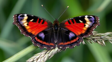 A vibrant butterfly with striking red and black wings rests on a green plant, showcasing its intricate patterns against a natural background.