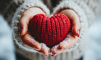 Hands holding knitted red heart on snowy copyspace. Love, friendship concept. Hands holding knitted red heart on snowy copyspace. Love, friendship concept., Generative AI