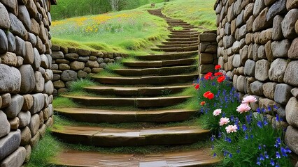 Stone Steps to Tranquility: A pathway of stone steps winds upward between mossy stone walls, leading to a lush green hillside dotted with wildflowers. The scene evokes a sense of peace and journey.