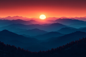 beautiful sunrise casts golden light over serene mountain ranges, creating tranquil atmosphere