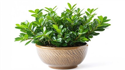 Naklejka premium Fresh Green Foliage in Ceramic Pot on White Background for Home Decor Ideas