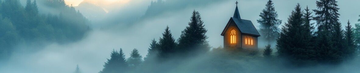 Naklejka premium Mystical Mountain Chapel at Dawn with Glistening Mist and Warm Light