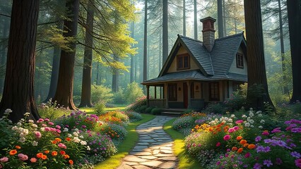 Fototapeta premium Forest Retreat: A charming cottage nestled amidst a vibrant tapestry of wildflowers and towering trees, bathed in the warm glow of a sun-drenched morning. The scene evokes a sense of peace.