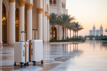 Elegant white suitcases with golden accents stand on polished marble floor, surrounded by palm trees and stunning architecture at sunset. serene atmosphere evokes sense of luxury and travel