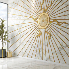 3d abstract mural wallpaper. golden lines and sun in white marble background. for interior home wall decor,abstract background