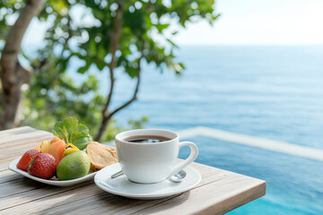 luxurious breakfast featuring fresh tropical fruits and coffee by ocean. Enjoy serene view and vibrant colors of nature while savoring this delightful meal