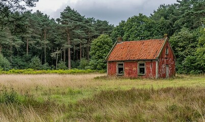 Fototapeta premium Abandoned red house in a forest clearing.