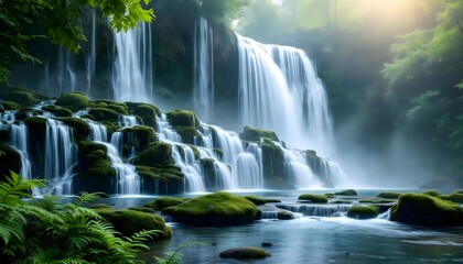 Fototapeta premium A breathtaking waterfall cascades gracefully down mossy rocks, surrounded by lush greenery. Nature's tranquil beauty unfolds.