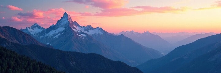 Obraz premium Serene mountain peaks fade into soft horizon at dusk, landscape, peaceful