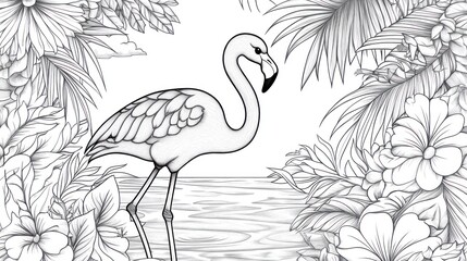 Flamingo coloring page tropical lagoon floral frame