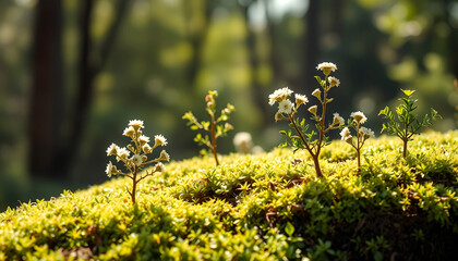 Obraz premium Earth Day blooms with small trees, diverse sizes on lush green canvas, nurturing nature's hope, fostering environmental care, vintage, with white tones