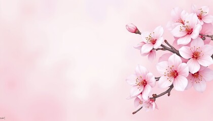 Watercolor illustration of cherry blossoms in a serene mood with soft pink and white flowers against a pink pastel background with copy space