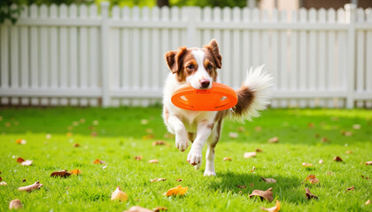 Dog running with frisbee on green lawn, Border collie catching a frisbee