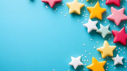 Fototapeta premium Colorful star shapes scattered on a blue background