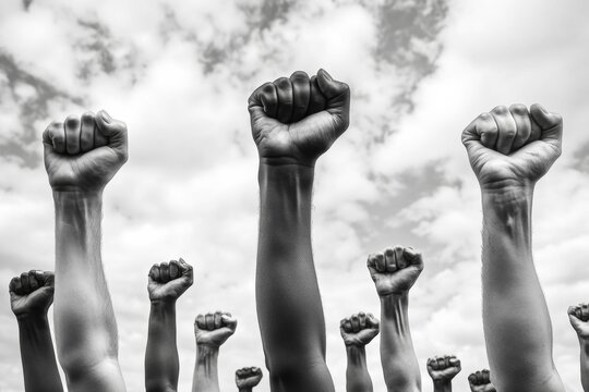 United for Change Diverse Hands Raised in Unison Under Cloudy Skies - Powered by Adobe