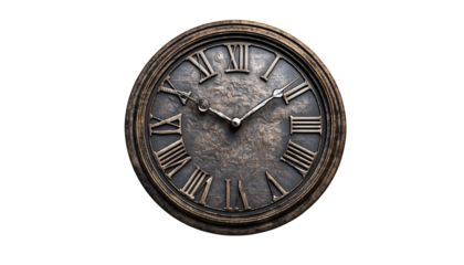 Aged clock with a vintage design, featuring roman numerals.