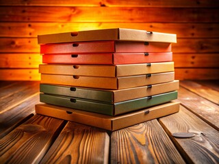 Stacked Pizza Boxes on Rustic Wooden Table - Rule of Thirds Composition