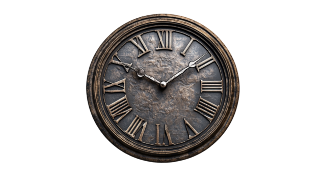 Aged clock with a vintage design, featuring roman numerals.