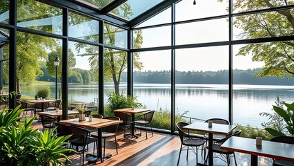 Fototapeta premium Lakefront Restaurant with a View: Sunlight streams through expansive windows, bathing the contemporary dining space in warm light.