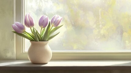 Lavender tulips in a vase on a windowsill, sunlight streaming through.
