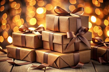 Stack of Brown Gift Boxes with Ribbons - Bokeh Background Stock Photo