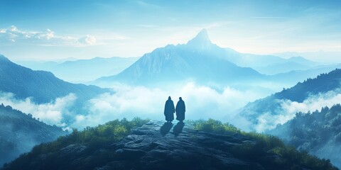 Background, christ and Jesus with devil, silhouette, and satan for spiritual temptation with passion, believe and sacrifice. mountain, clouds and good friday for catholic, christian and, Generative AI