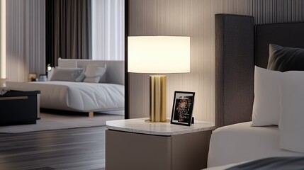 Close-up of a chic marble nightstand beside a bed, featuring a brass lamp and decorative white flowers, enhancing the bedroom's decor