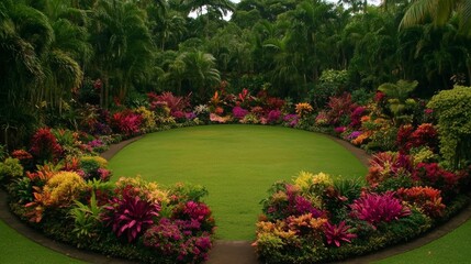 Fototapeta premium Lush Tropical Garden Paradise Vibrant Blooms and Green Lawn