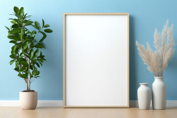 modern interior scene featuring empty rectangular frame, potted plant, and decorative vases against blue wall. This setup creates serene and stylish atmosphere