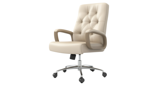Chair with five wheels, armrests and white leather cushion again