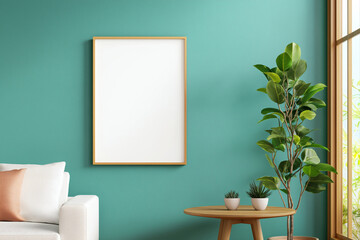 modern living room featuring blank rectangular frame on teal wall, complemented by cozy white sofa, wooden table, and decorative plants, creating serene atmosphere