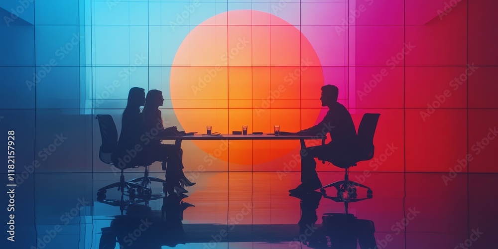 Poster collaborative discussion against vibrant backdrop silhouettes and modern digital interface