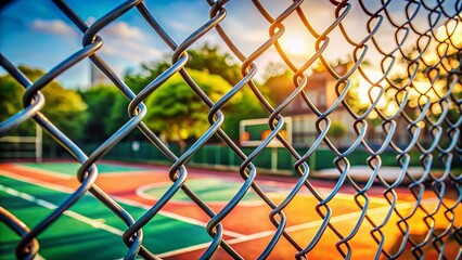 Fototapeta premium Steel Mesh Fence Foreground, Blurred Basketball Hoop Background - Sport Stock Photo