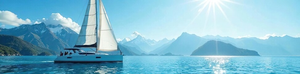 Fototapeta premium Sleek white sailboat glides effortlessly on turquoise waters under radiant blue sky with snow-capped mountains in the background, sailboat, vacation