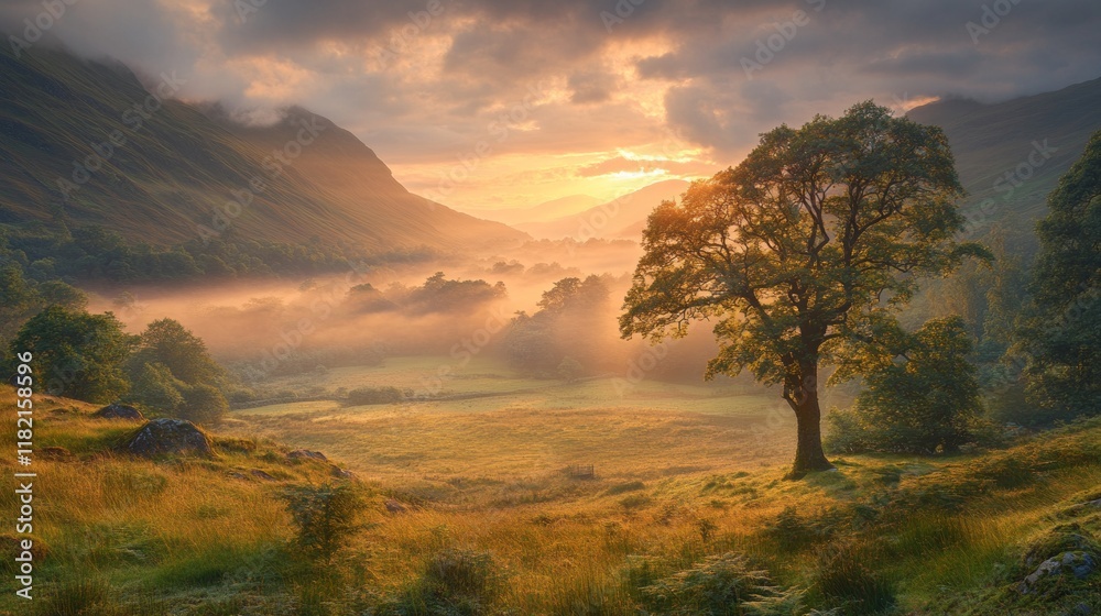 Poster a foggy valley basks in the warm glow of the early morning light, with mist swirling around the tree